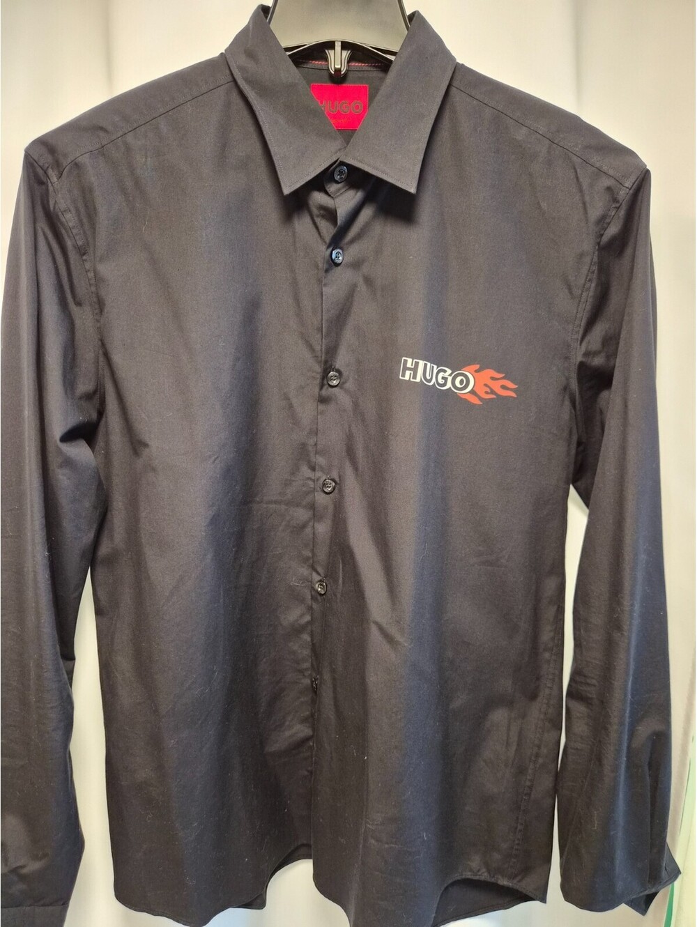 HUGO Mens Medium Black Flame Logo Casual Slim Fit Long Sleeve Shirt Button Up